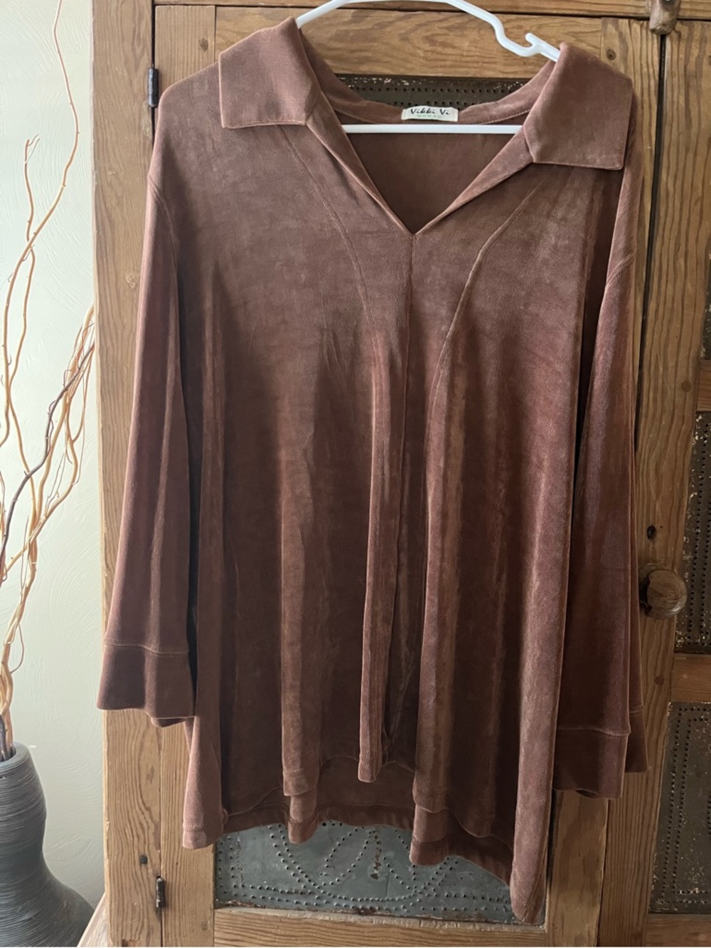 Vikki Vi Brown Velvet V-Neck Collared Tunic